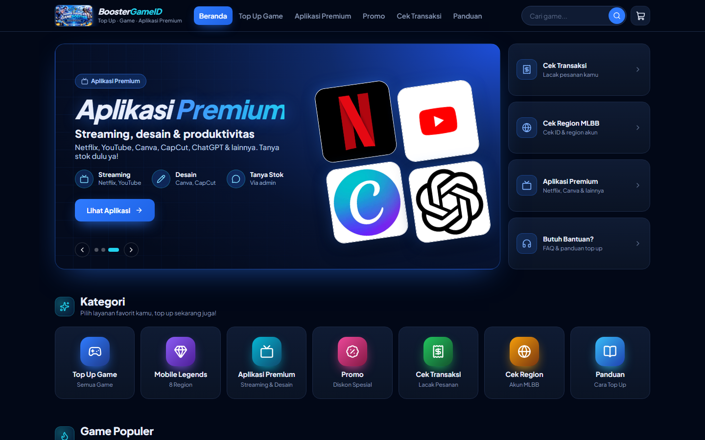 Tampilan beranda website BoosterGameID